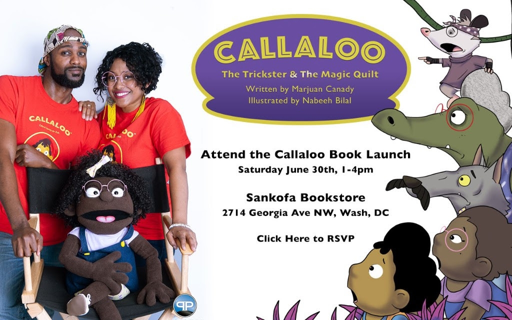Author Marjuan Canady and Illustrator Nabeeh Bilal post with puppets and characters from their book series Callaloo